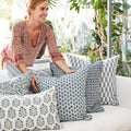 Amer Azure Block Print Pillow Cover styled on sofa