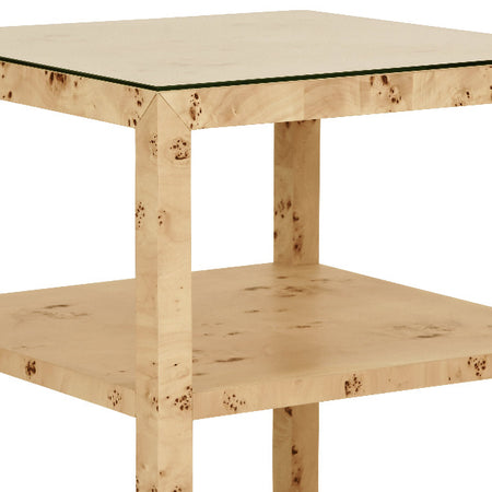 Anders Burl Wood Side Table with glass closeup