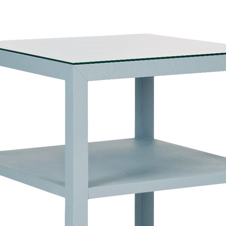 Anders Light Blue Textured Linen Side Table with glass top