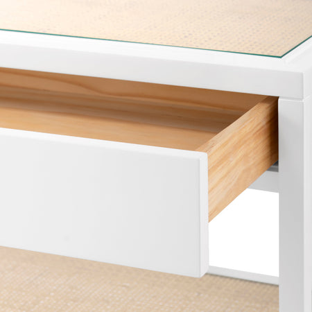 Andrea White Console Table open drawer