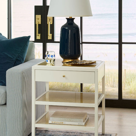 Andrea White Side Table styled with Carolyn Navy Lamp