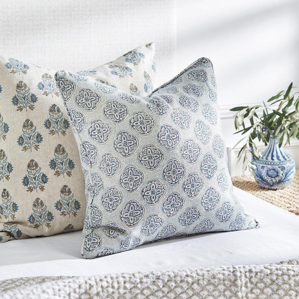 Ankara Fresh Azure Pillow on bed with Vienna Riviera