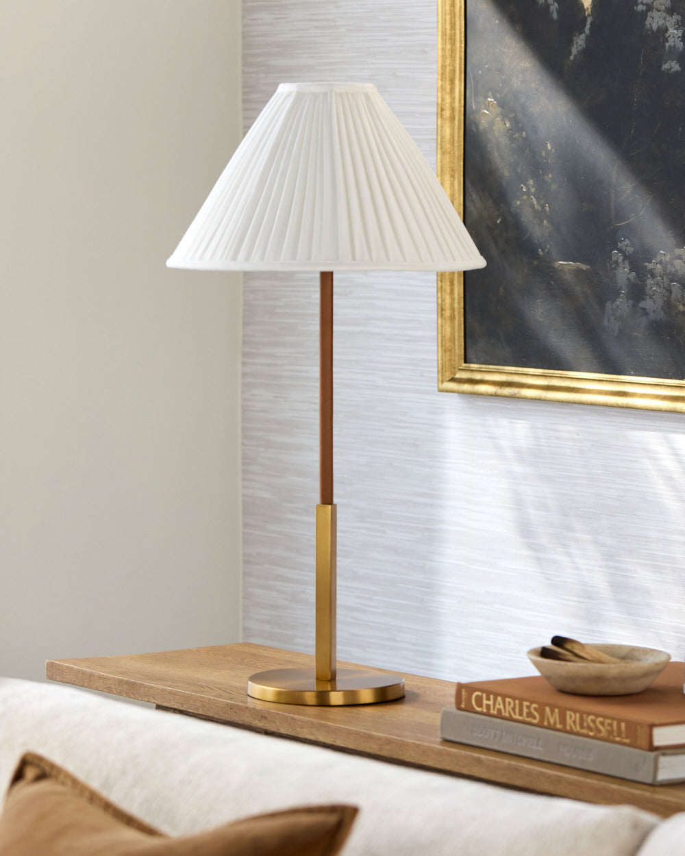 Anna Pleate Shade Table Lamp styled in living room