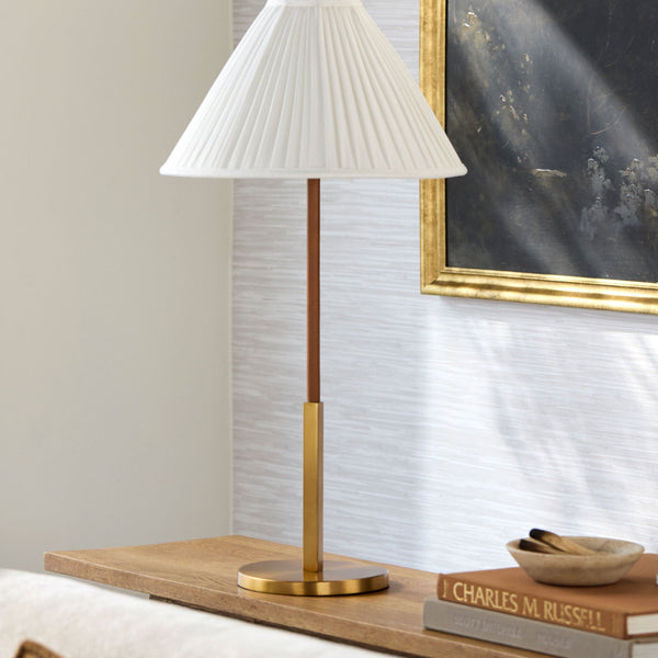 Anna Pleate Shade Table Lamp styled in living room