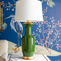 Ansel Vert Green Lamp with white shade styled in blue heron wallpapered room