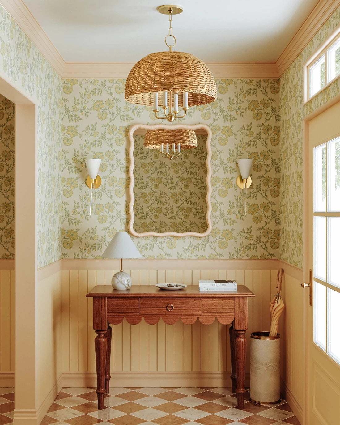 Atherton Rattan Pendant Styled in Entry