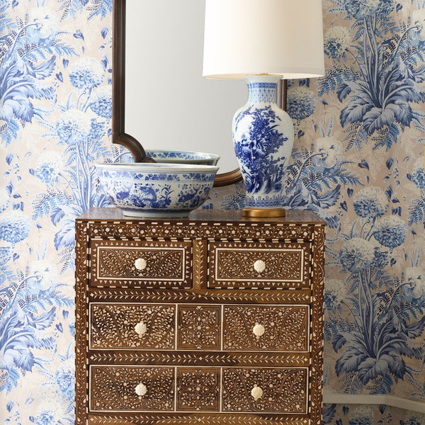 Aryana Inlay Chest in blue and white bedroom