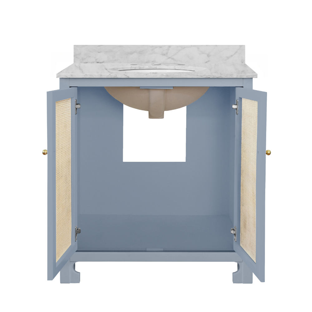 Ashton Light Blue Vanity with Marble Top - Doors are opne