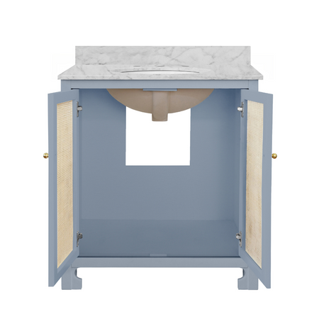 Ashton Light Blue Vanity with Marble Top - Doors are opne