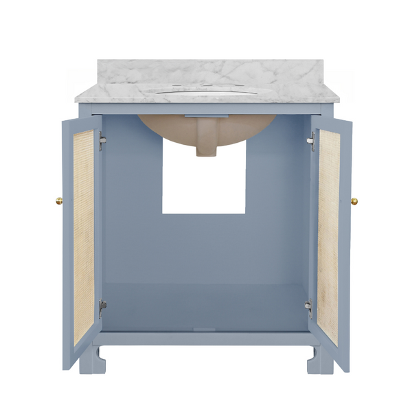 Ashton Light Blue Vanity with Marble Top - Doors are opne