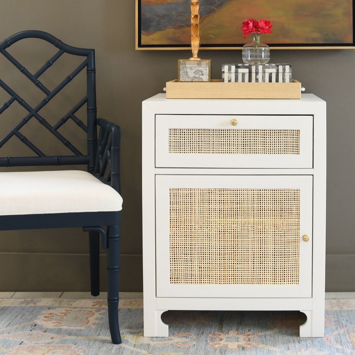 White Ashton cane front side table with Jardin Chair