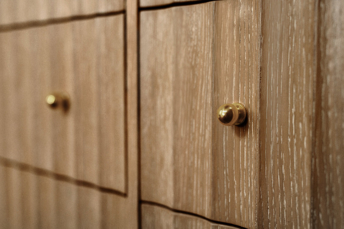 Astor Cerused Oak Dresser - fluted drawer front and brass hardware closeup
