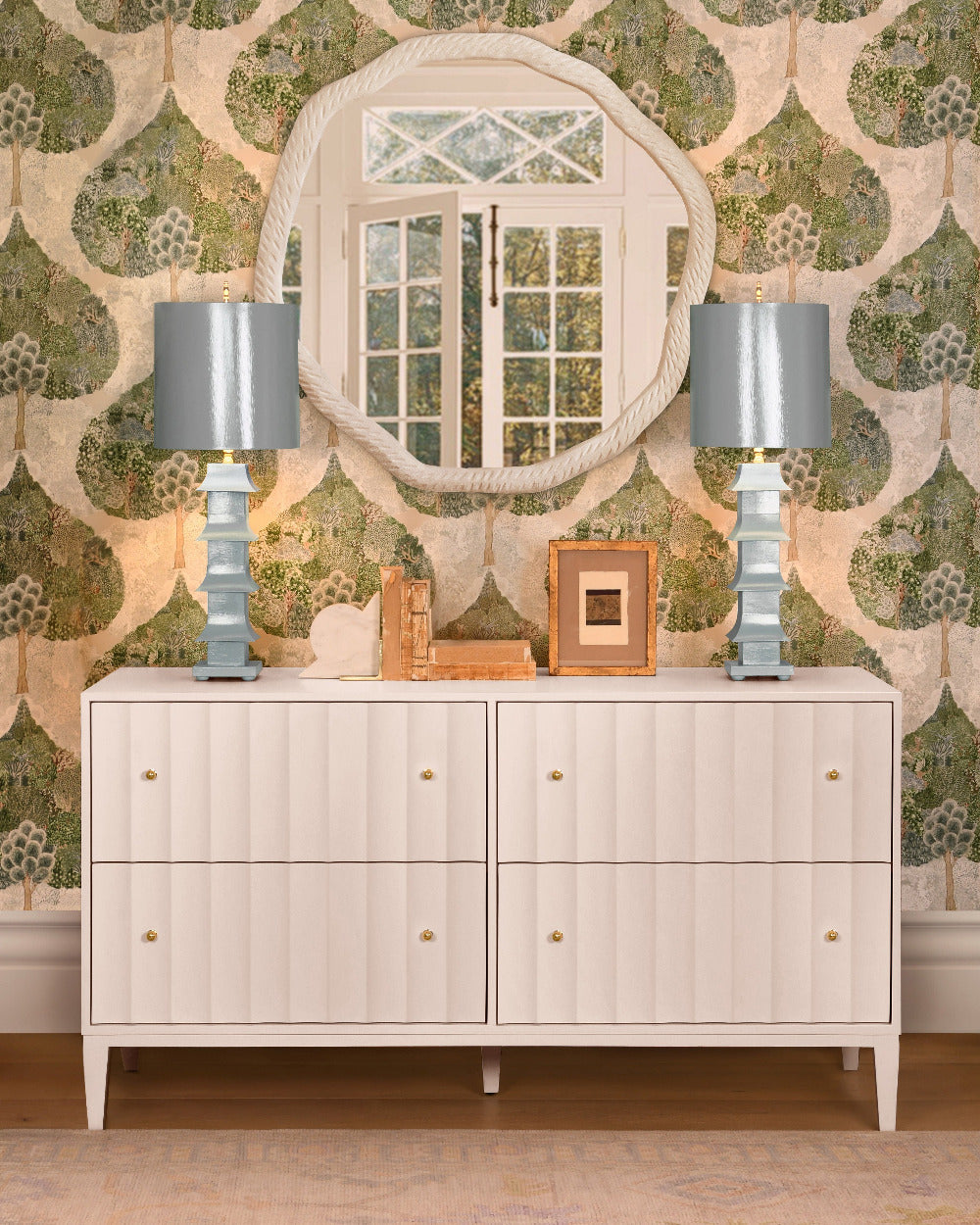 Astor Matte White Lacquer Double Dresser styled with blue lamps