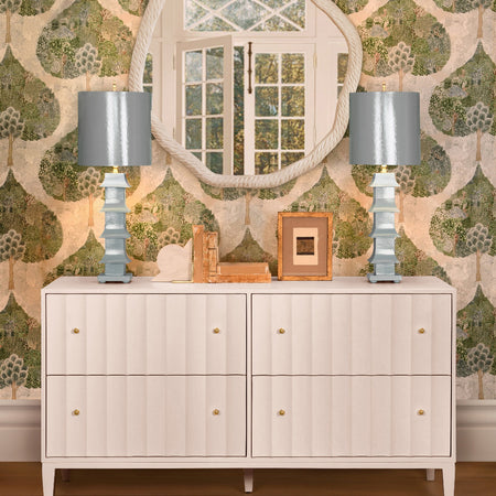 Astor Matte White Lacquer Double Dresser styled with blue lamps