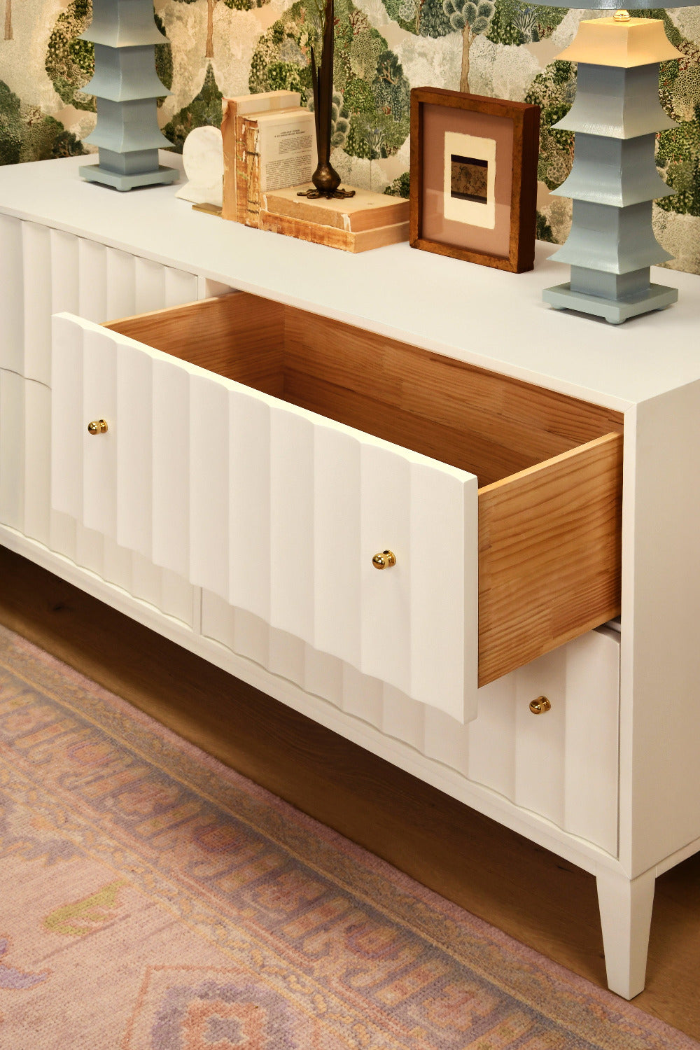 Astor Matte White Lacquer Double Dresser with open drawer