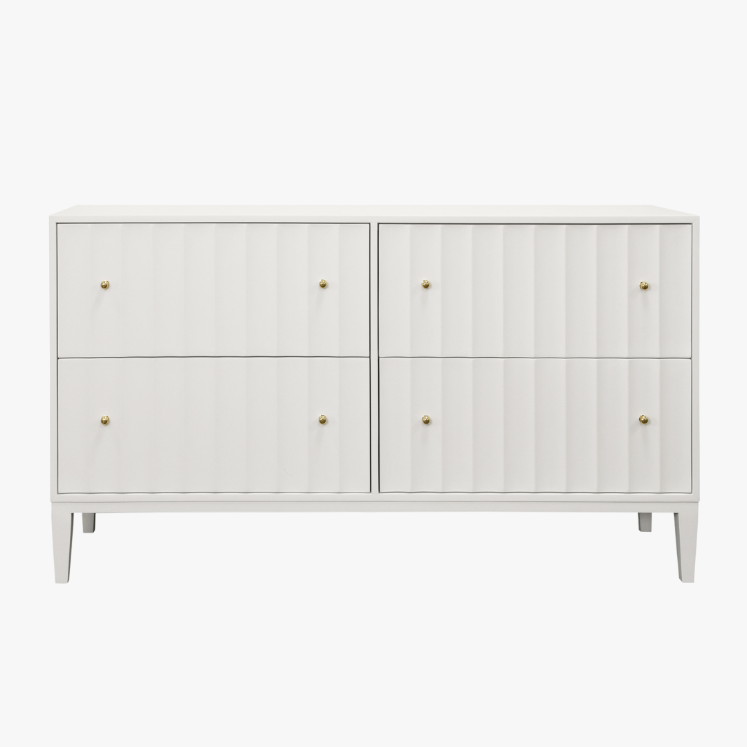 white simple dresser Worlds Away Angus Four Drawer Chest With Fluted Detail in Matte White Lacquer