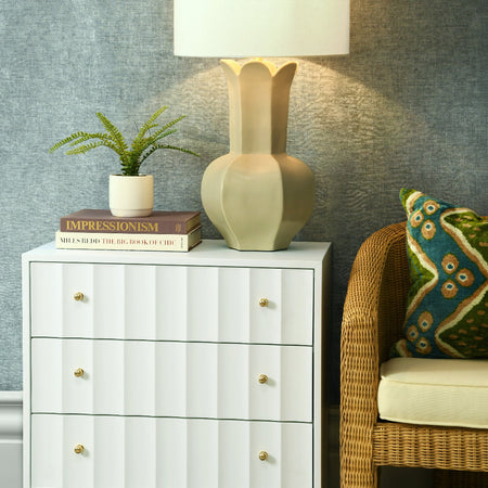 Astor White Lacquer Nightstand styled with lamp