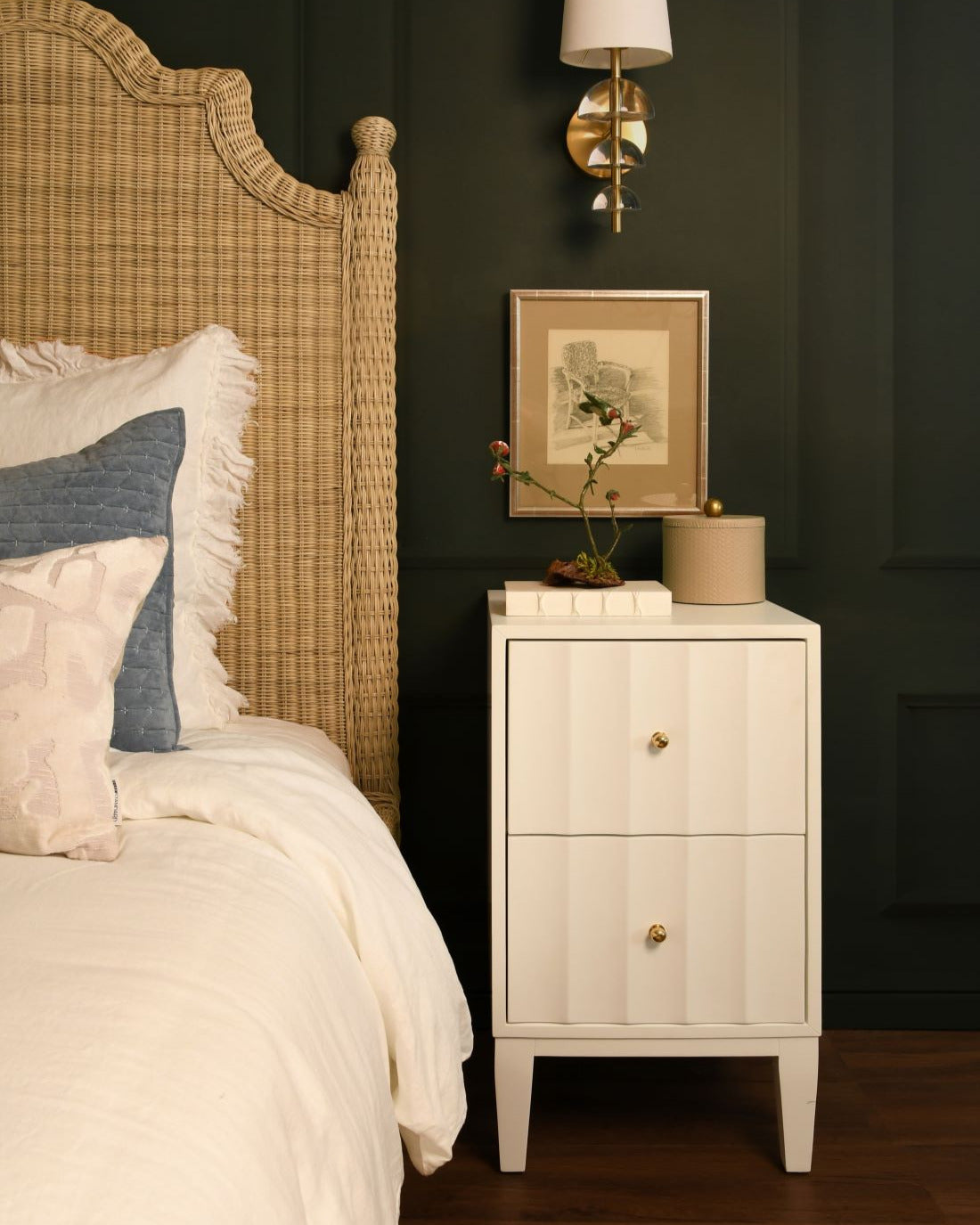 Astor White Lacquer Side Table styled in dark bedroom