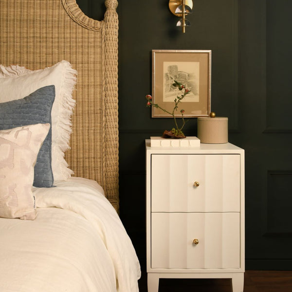 Astor White Lacquer Side Table styled in dark bedroom