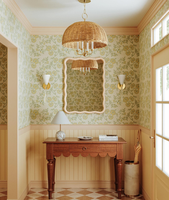 Atherton Rattan Pendant in wallpapered foyer 