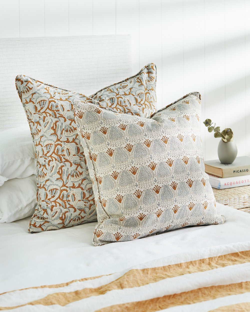 Avignon Sahara Pillow Cover styled on bed with Marbella Sahara Pillow Cover