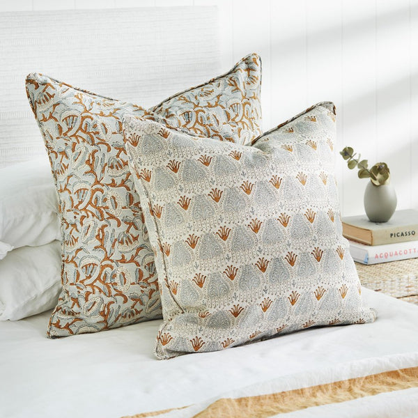 Avignon Sahara Pillow Cover styled on bed with Marbella Sahara Pillow Cover