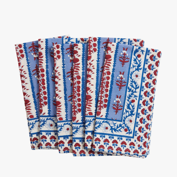 Avignon Napkins - Red and Blue Blockprint - Set of 6