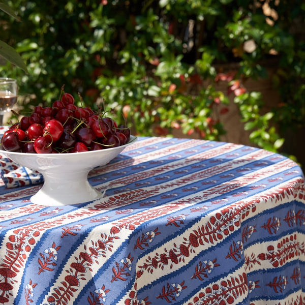 Avignon Table Cloth closeup with bowl of cherries