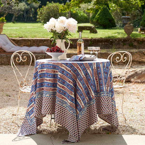 Avignon Blue and Red Table Cloth styled in garden