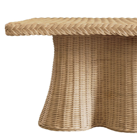 Marley Scalloped Woven Rattan Coffee Table - corner closeup