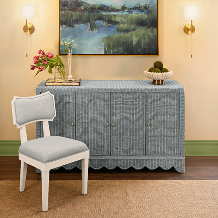 Bailey Light Blue Woven Rattan Buffet styled with Heston Light Blue Dining Chair