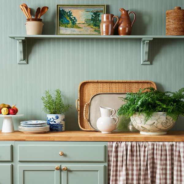 Blue Bird and Flower Planter styled with rosemary in cottage kitchen - Dear Keaton