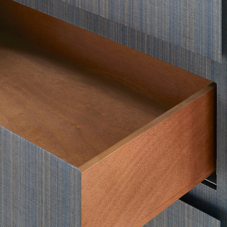 Banbury Denim Blue Textured Grasscloth Chest stained drawer interior