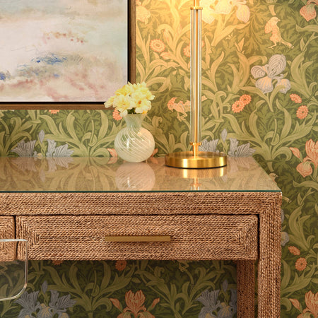 Bayview Woven Rope Desk styled with gold lamp in wallpapered room