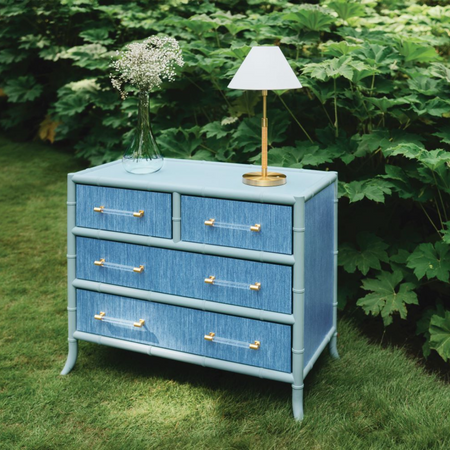 Blakewell Blue Chest styled with green landscape
