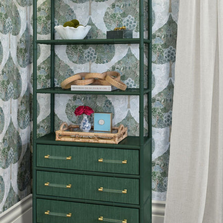 Blakewell Forest Green Grasscloth Etagere styled in wallpapered room