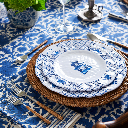 Blue Bird Block Print Table Cloth styled on table - Dear Keaton