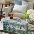 Blue Bird Porcelain Lidded Box on mirrored table - Dear Keaton - Tortoise Bamboo Square Side Table