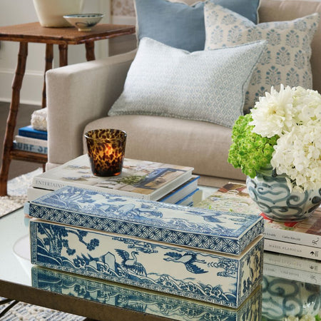 Blue Bird Porcelain Lidded Box on mirrored table - Dear Keaton - Tortoise Bamboo Square Side Table