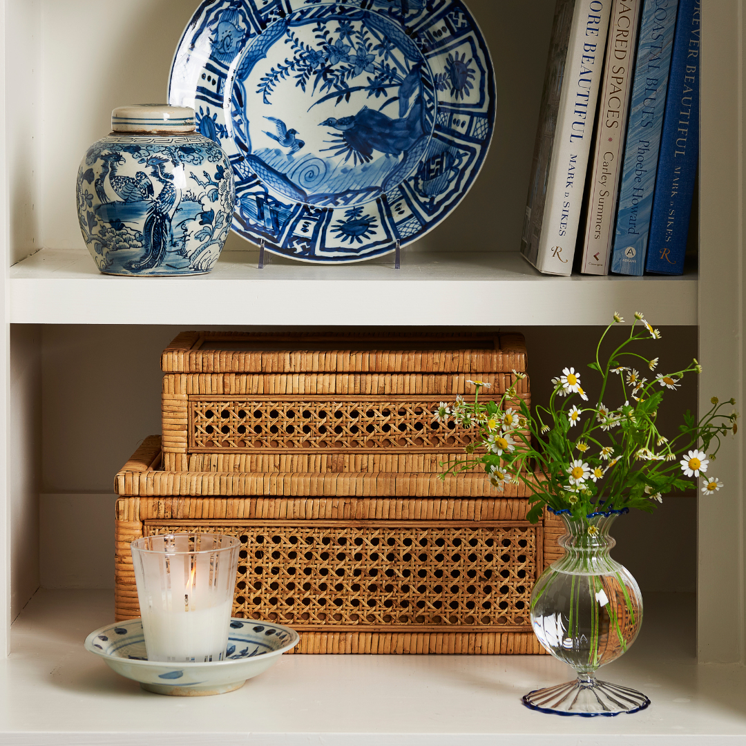 Chinoiserie Bird and Flower Mini Jar styled on shelf with Woven Cane Display Boxes