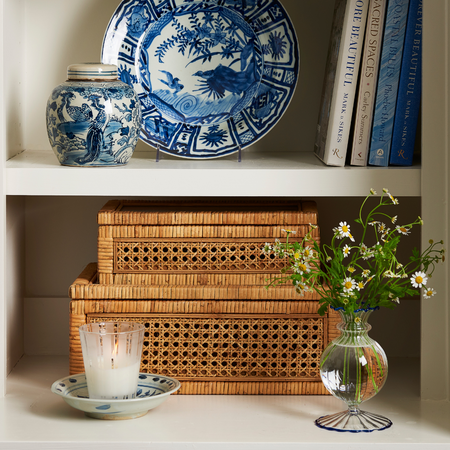 Chinoiserie Bird and Flower Mini Jar styled on shelf with Woven Cane Display Boxes
