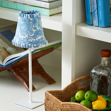 Blue Floral Cordless Lamp Shade styled on white lamp