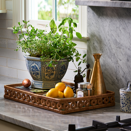 Blue Floral Dot Ceramic Planter with herbs in kitchen window - Dear Keaton