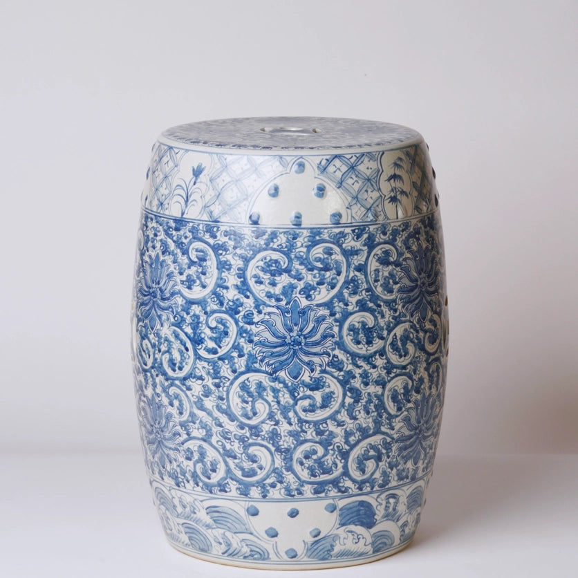 Blue Lotus Bloom Garden Stool - Chinoiserie Decor