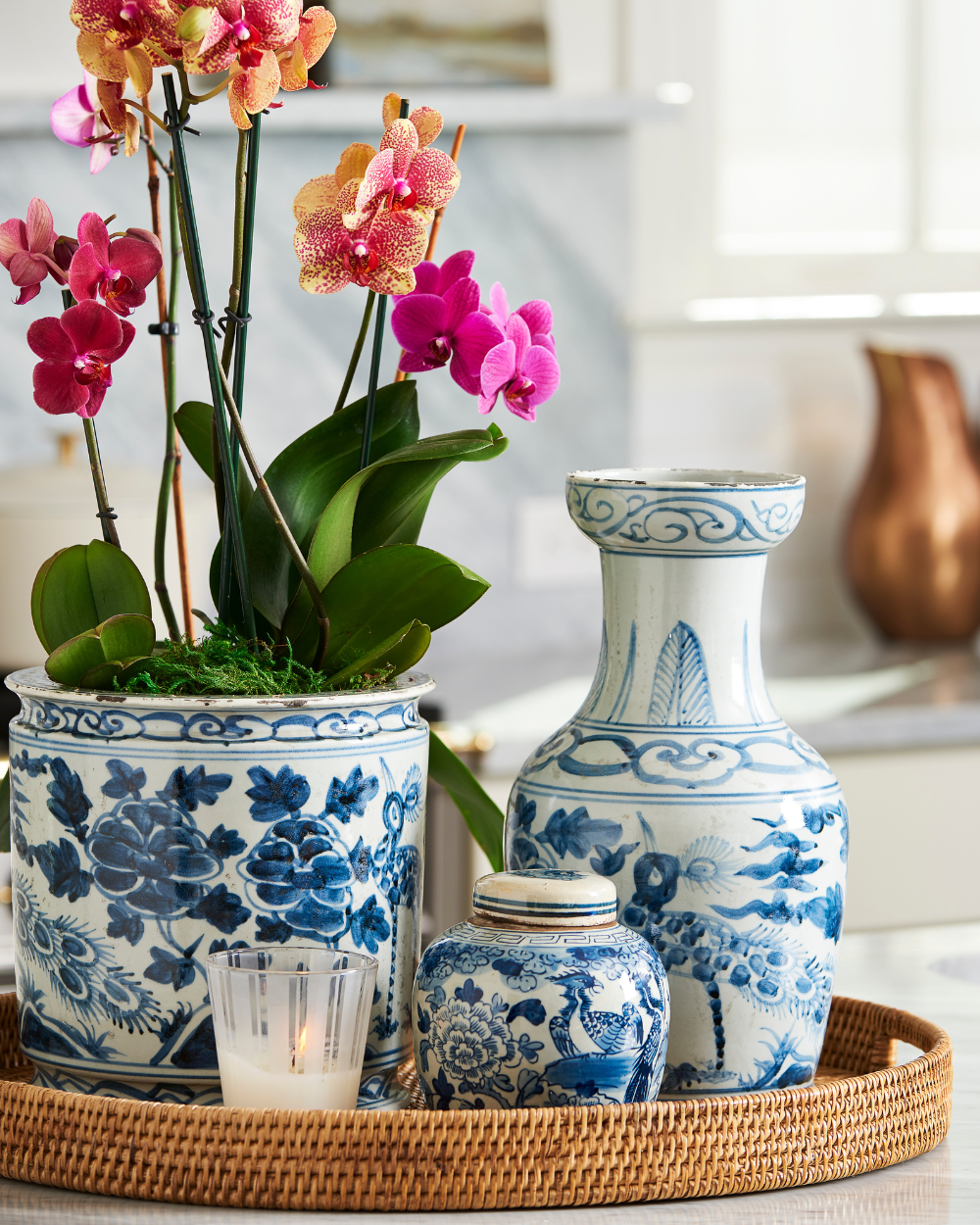 Blue Orchid Pot styled in Salina Oval Rattan Tray on kitchen counter