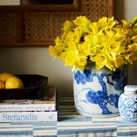 Blue Pinetree Cachepot with yellow jonquils