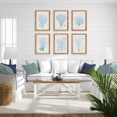 Living room with a white sofa, wooden coffee table, and framed sea fan artwork on the wall.