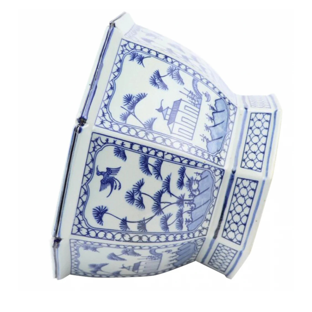 Blue Village Hexagon Planter - with cranes and trees