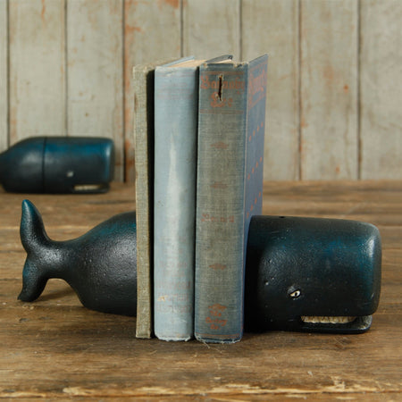 Blue Whale Cast Iron Bookends styled with vintage books