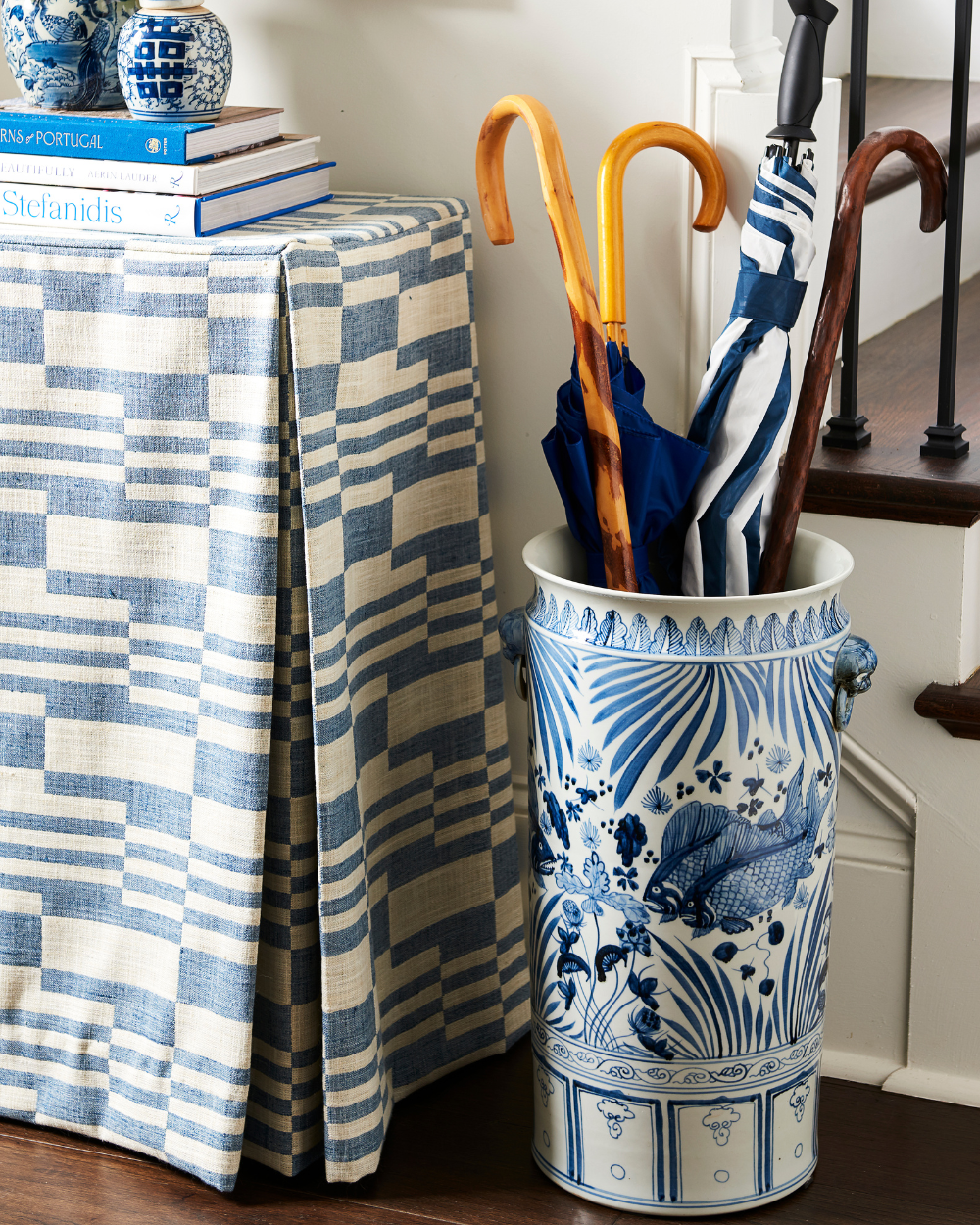 Blue and White Lotus Fish Umbrella Stand in entry